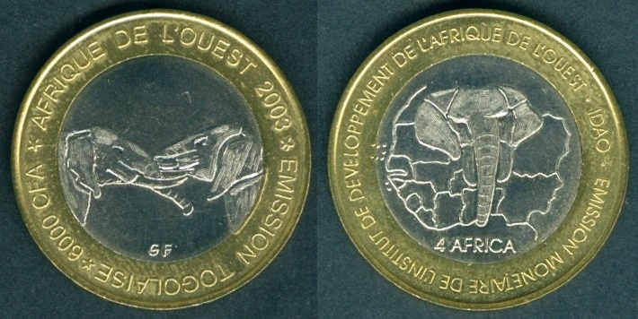 TOGO 6000 CFA 2003 bimetal Guin woman not legal tender coinage 
